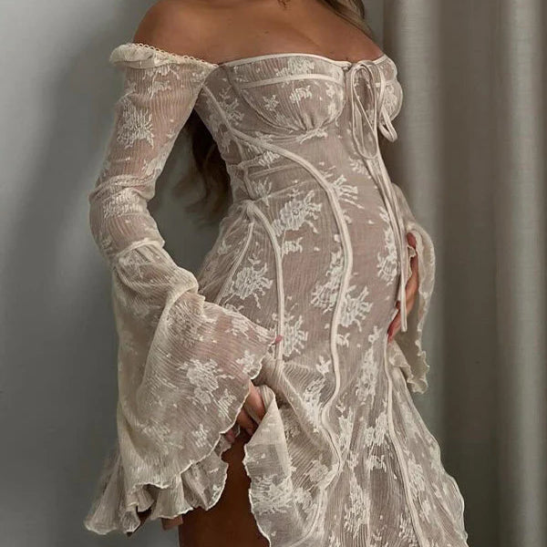 Momsmood White Lace Off Shoulder Bow Drawstring Ruffle Flare Sleeve Baby Shower Maternity Mini Dress