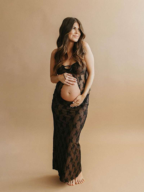 Momsmood 2 Piece Lace Tube Tie Ruffle Elegant Fashion Bodycon Vacation Photoshoot Baby Shower Maternity Maxi Dress