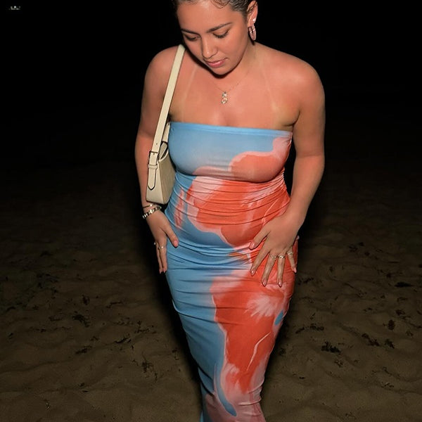 Momsmood Blue Stamp Duty Side Slit Bodycon Vacation Beach Baby Shower Maternity Photoshoot Maxi Dress