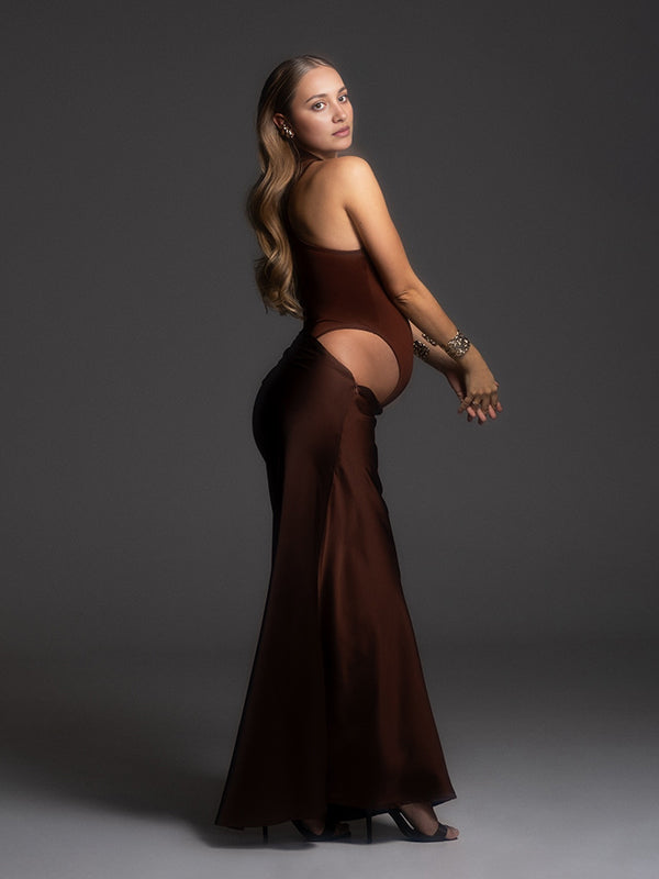 Momsmood Color Splicing Cut Out Band Neck Bodycon Elegant Party Photoshoot Baby Shower Maternity Maxi Dress
