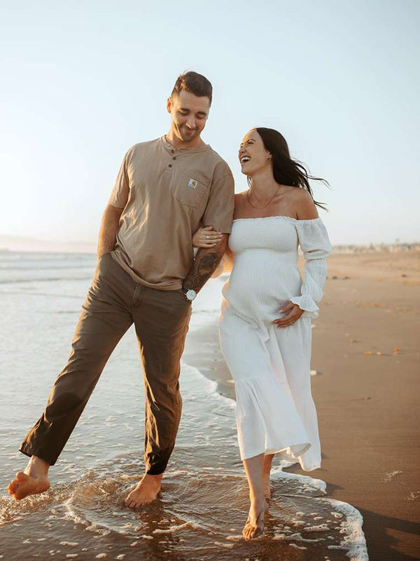 Momsmood White Ruffle Ruched High Waist Puff Sleeve Cute Photoshoot Maternity Maxi Dress