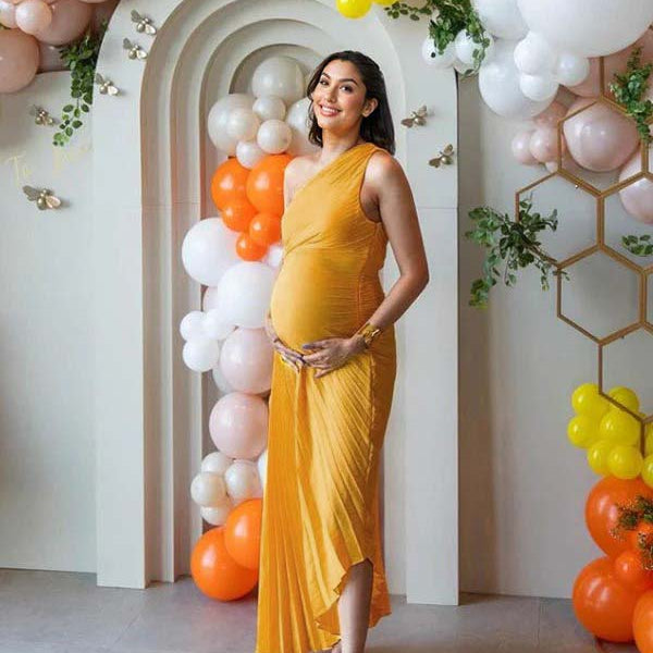 Momsmood Yellow Pleated Cut Out One Shoulder Big Swing Plus Size Elegant Maternity Maxi Dress