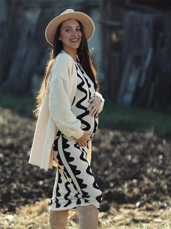 Momsmood Beige Wavy Edge Cut Out Bodycon Elegant Photoshoot Baby Shower Maternity Maxi Sweater Dress