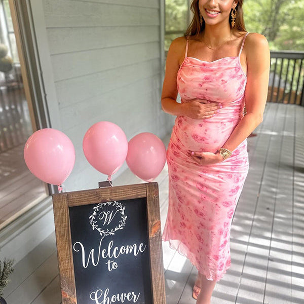 Momsmood Pink Floral Tulle Ruched Bodycon Cute Gender Reveal Baby Shower Maternity Midi Dress