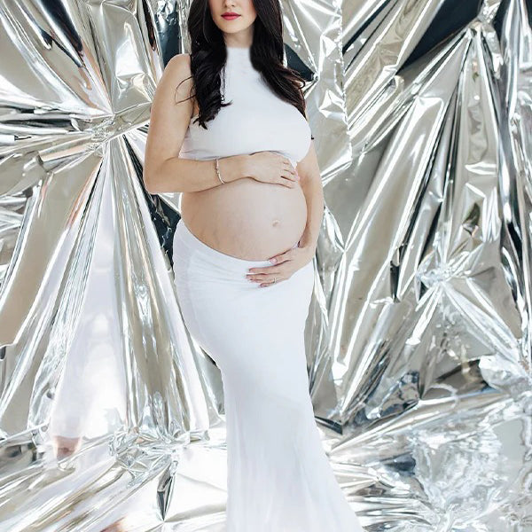 White Round Neck Two Piece Maternity Photoshoot Maxi Dress