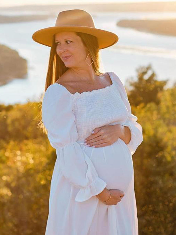 Momsmood White Ruffle Ruched High Waist Puff Sleeve Cute Photoshoot Maternity Maxi Dress