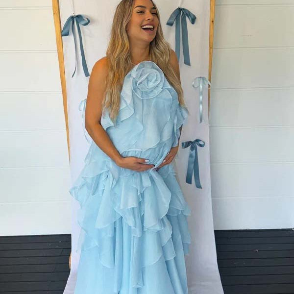Cake Ruffle 3D Flower Backless Baby Shower Maternity Maxi Dress