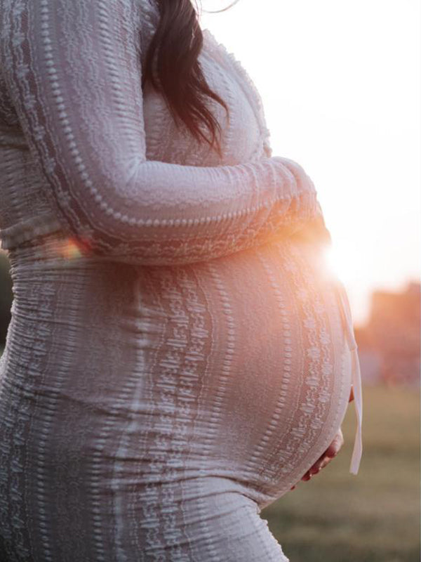 Momsmood Ivory Lace Two Piece Set Side Slit V-neck Cami Maxi Dress And Crop Cardigan Elegant Going Out Maternity Photoshoot Baby Shower Maxi Dress