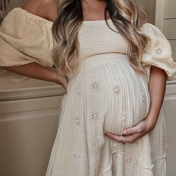 Momsmood Apricot Daisy Print Smocked Off Shoulder Ruffle Big Swing Elegant Vacation Maternity Photoshoot Baby Shower Party Maxi Dress