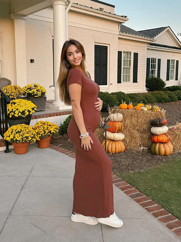 Momsmood Brown Solid Color Short Sleeve Bodycon Daily Casual Baby Shower Maternity Maxi Dress