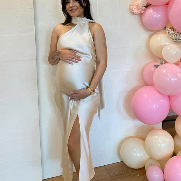 Momsmood Apricot Satin Backless Halter Neck Irregular Side Slit Mermaid Bodycon Cocktail Party Gowns Baby Shower Maternity Maxi Dress