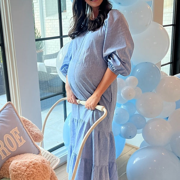 Momsmood Blue Turndown Collar Buttons Ruched Daily Going out Baby Shower Maternity Photoshoot Maxi Dress