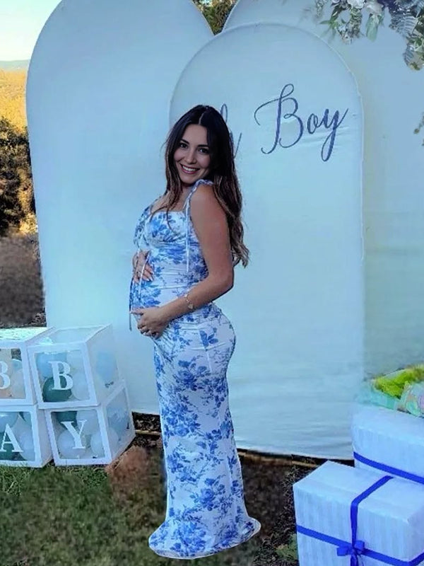 Momsmood Lace-up Spaghetti Strap Stamp Duty Party Banquet Baby Shower Maternity Photoshoot Maxi Dress