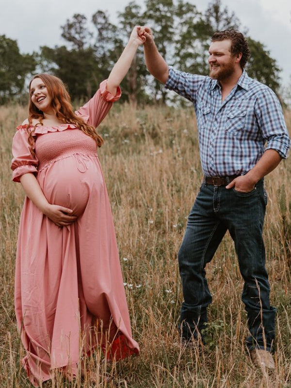 Momsmood Maternity Pink Ruffle Smocked Off Shoulder Boat Neck Baby Shower Photoshoot Maxi Dress