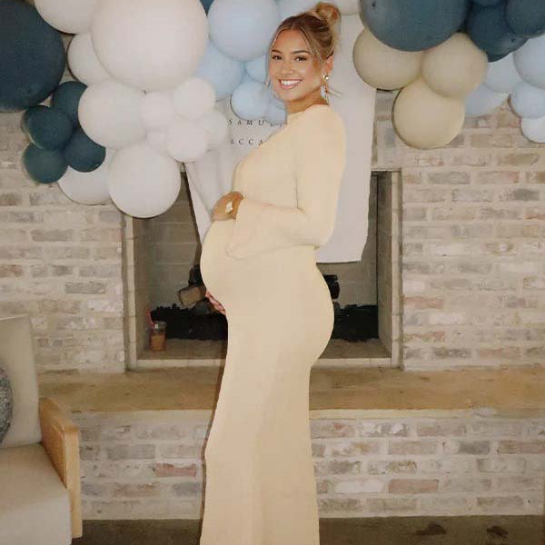 Momsmood Pleated Flare Sleeve Mermaid Baby Shower Maternity Maxi Dress