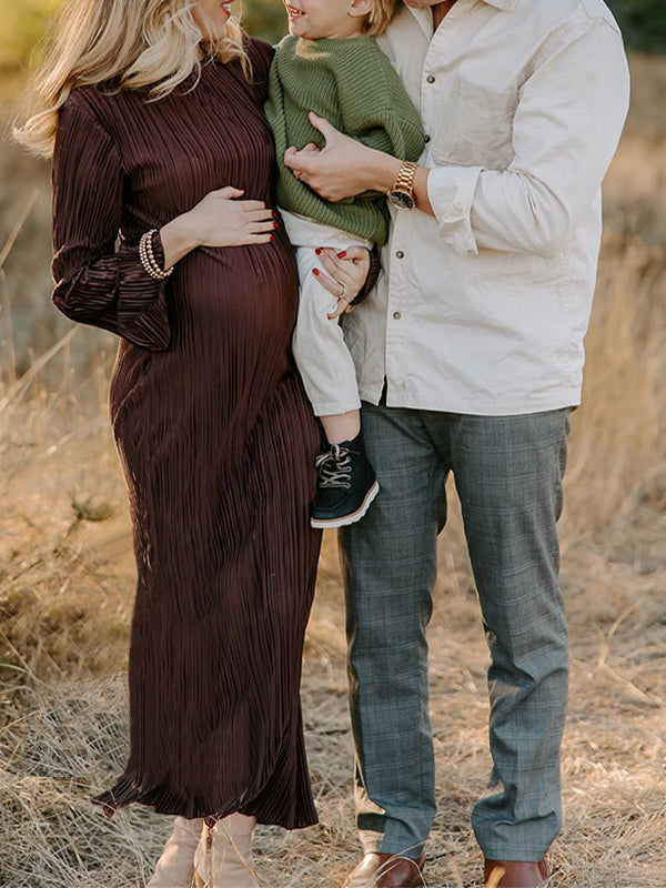 Momsmood Brown Pleated Ruffle Belted Elegant Photoshoot Baby Shower Maternity Maxi Dress