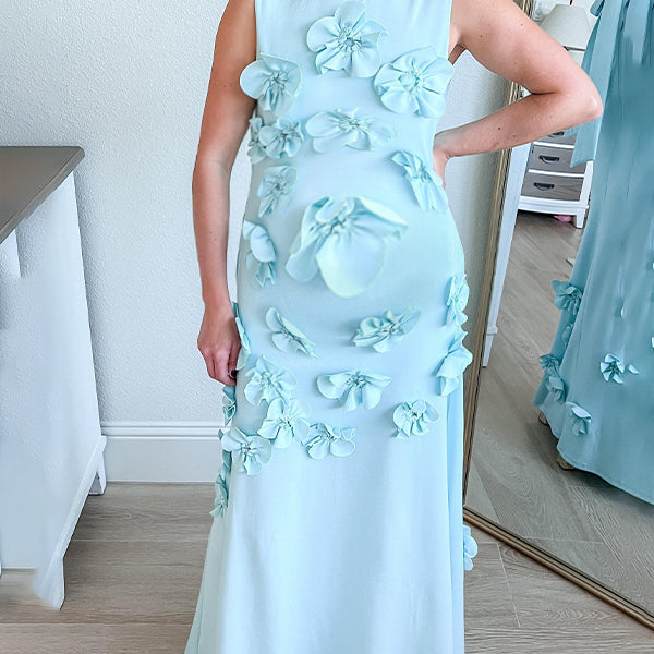 Momsmood 3D Flowers Band Neck Back Bow Photoshoot Baby Shower Maternity Maxi Dress