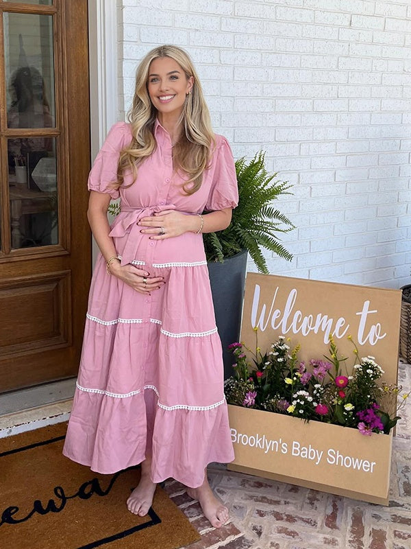 Momsmood Pink Lace-up Buttons Ruched Puff Sleeve Daily Going out Baby Shower Maternity Photoshoot Maxi Dress
