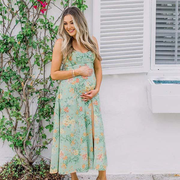 Momsmood Green Floral Side Slit Ruffle Bow Flowy Back Zipper Photoshoot Baby Shower Maternity Maxi Dress
