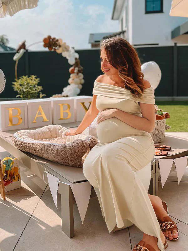 Momsmood Beige Off Shoulder Ruched Back Slit Bodycon Elegant Baby Shower Maternity Maxi Dress