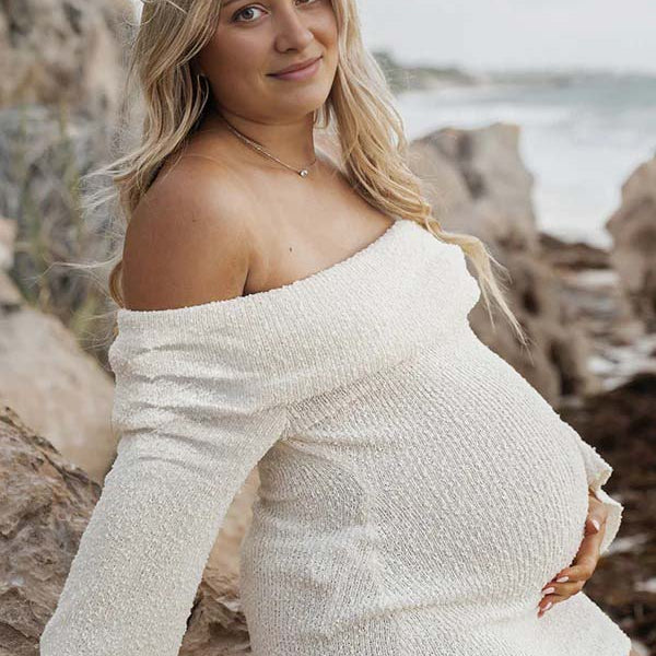 Momsmood White Solid Color Off Shoulder Knit Bodycon Beach Vacation Photoshoot Baby Shower Maternity Maxi Dres