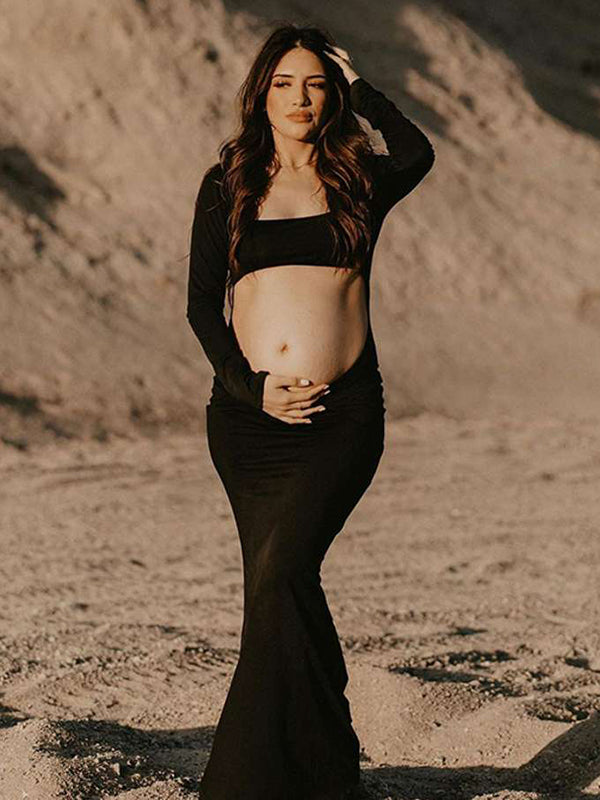 Momsmood Black Cut Out Mermaid Crop Long Sleeve Backless Bodycon Cocktail Club Party Photoshoot Maternity Maxi Dress