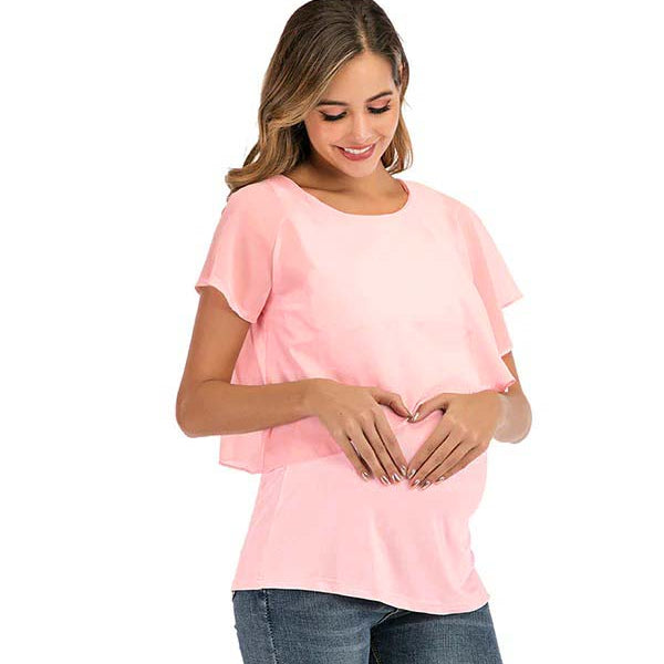 Momsmood Solid Color Chiffon Ruffle Falbala Round Neck Short Sleeve Breastfeeding T-shirt Basic Going Out Daily Maternity Nursing Top
