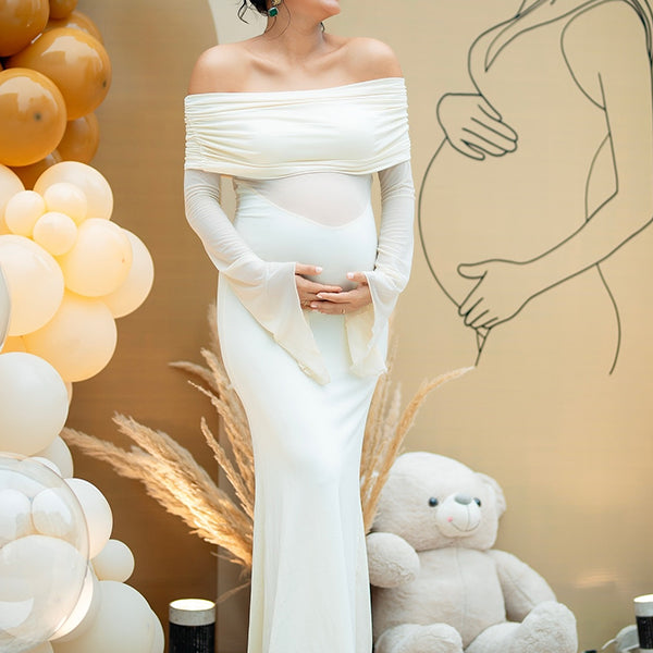 Apricot Off Shoulder Flare Sleeve Maternity Baby Shower Maxi Dress