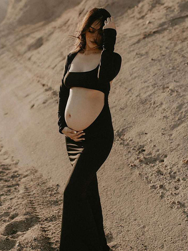 Momsmood Black Cut Out Mermaid Crop Long Sleeve Backless Bodycon Cocktail Club Party Photoshoot Maternity Maxi Momsmood Black Cut Out Mermaid Crop Long Sleeve Backless Bodycon Cocktail Club Party Photoshoot Maternity Maxi