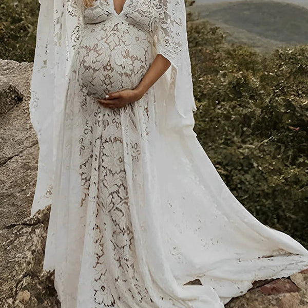 Momsmood Floral Lace Backless Boho Flare Sleeve Pregnant Maternity Photoshoot Maxi Dress