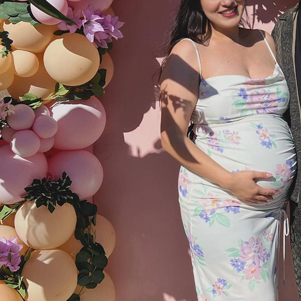 Momsmood Apricot Spaghetti Strap Stamp Duty Open Back Drawstring Side Slit Banquet Vacation Baby Shower Maternity Photoshoot Maxi Dress