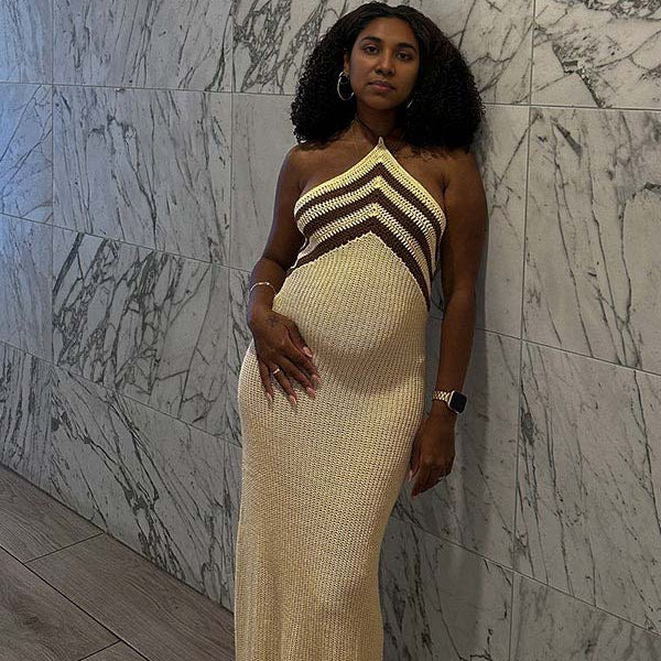 Momsmood Apricot Halter Neck Striped Bodycon Beach Vacation Maternity Photoshoot Maxi Dress