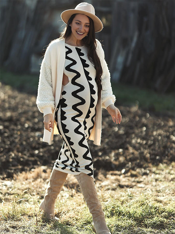 Momsmood Beige Wavy Edge Cut Out Bodycon Elegant Photoshoot Baby Shower Maternity Maxi Sweater Dress