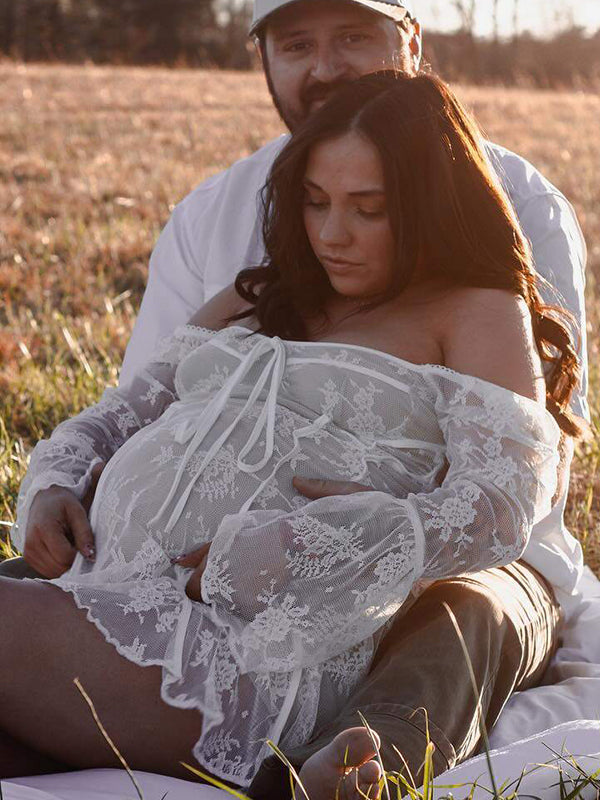 Momsmood White Lace Off Shoulder Bow Drawstring Ruffle Flare Sleeve Baby Shower Maternity Mini Dress