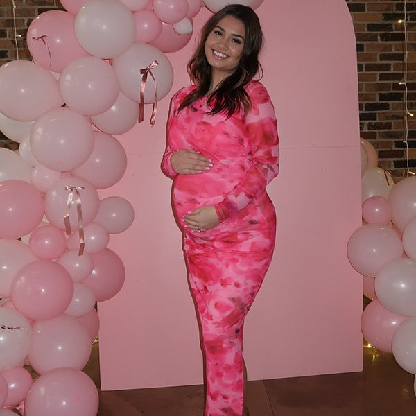Momsmood Pink Stamp Duty Side Slit Bodycon Banquet Going out Baby Shower Maternity Photoshoot Maxi Dress
