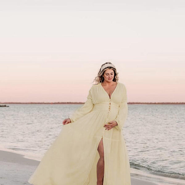 Momsmood Ivory White Single Breasted Open Front Big Swing Deep V-neck Robe Elegant Wedding Gown Maternity Boho Photoshoot Maxi Dress