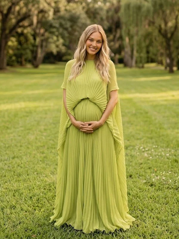 Light Green Maternity Maxi Dress For Wedding Guest Photoshoot Date Night Pleated Batwing Sleeve Backless Lace Up Tie Back Gown Momsmood