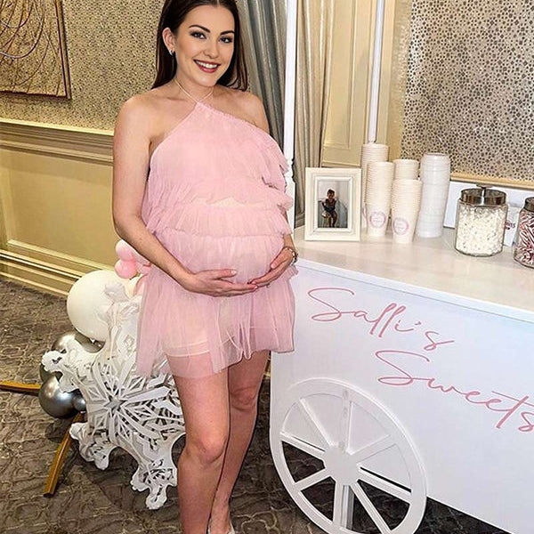 Momsmood Pink Ruffle Tulle Halter Neck Backless Irregular Babyshower Maternity Midi Dress