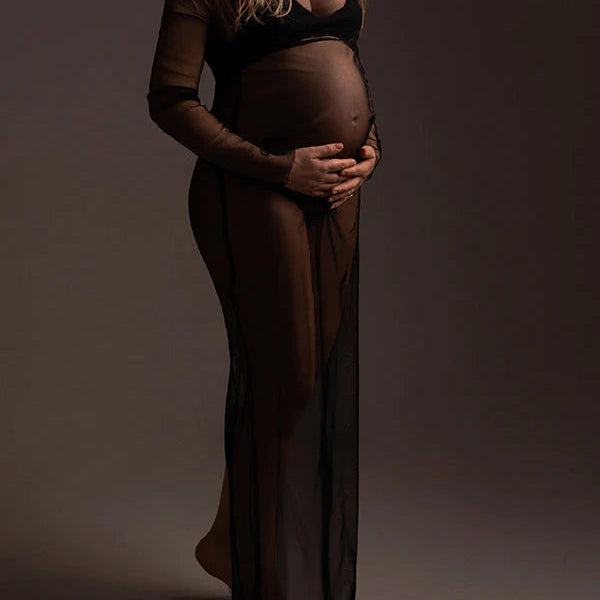 Momsmood Black Tulle Pregnancy Dress Grenadine Sheer Maternity Photoshoot Dress