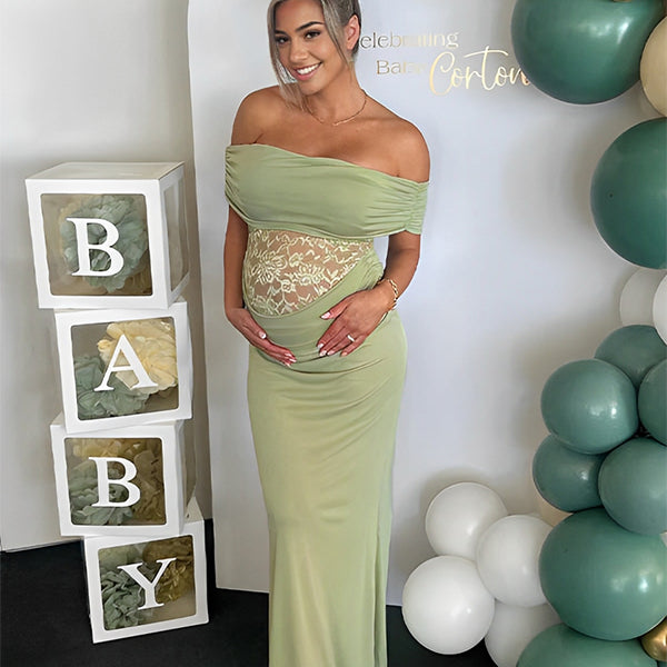 Momsmood Off Shoulder Lace Sheer Splicing Ruched Baby Shower Maternity Maxi Dress