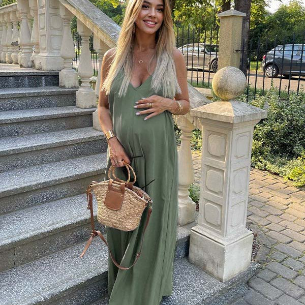 Momsmood Army Green Solid Color Pockets Daily Casual V-neck Going Out Baby Shower Maternity Maxi Dress