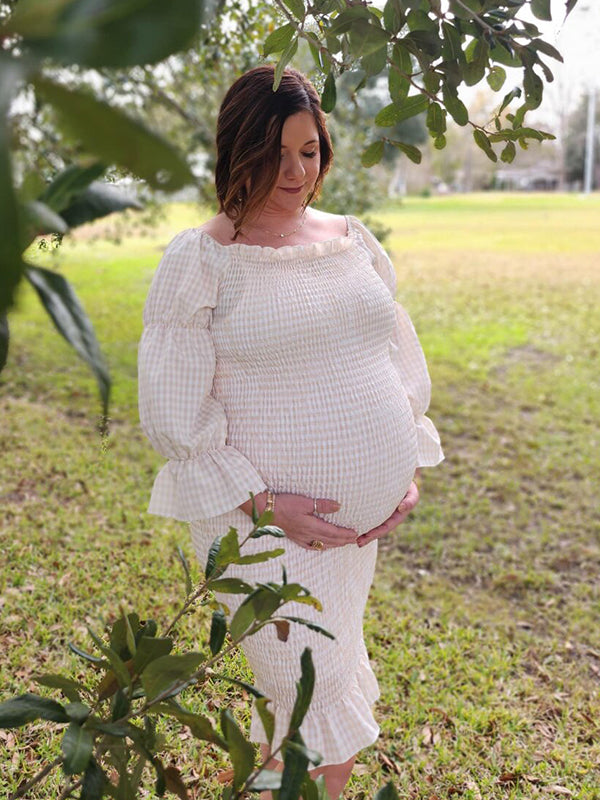 Momsmood Maternity Evening Ruffle Off Shoulder Long Sleeve Bodycon Baby Shower Midi Dress