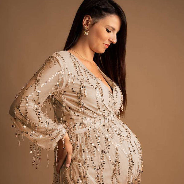 Momsmood Apricot Sequin Tassel Tulle Ruched Cross Chest Multi Way Tie Back V-neck Elegant Boho Photoshoot Maternity Maxi Dress