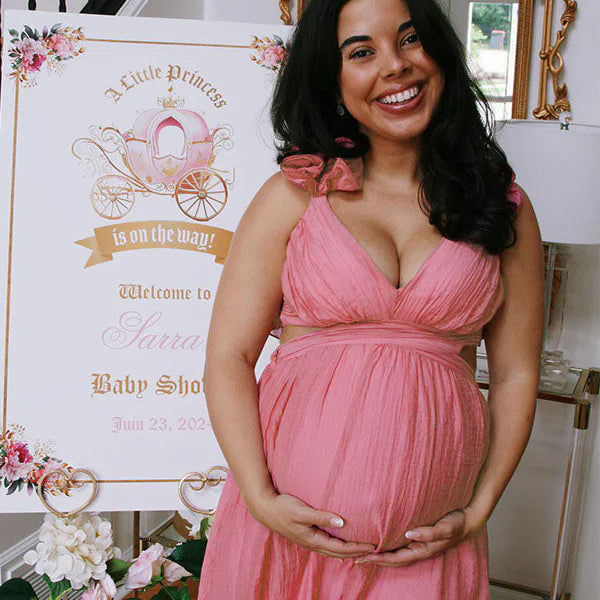 Momsmood Pink Tulle Splicing Ruffle Pleated Tie Back V-Neck High Waist Cocktail Party Gowns Cute Baby Shower Maternity Maxi Dress