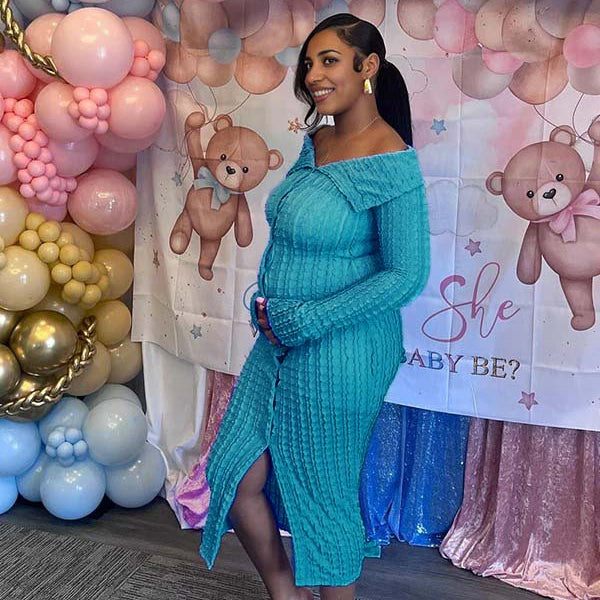 Momsmood Off Shoulder Single Breasted Mesh Wavy Ruffle Front Slit Bodycon Elegant Going Out Maternity Baby Shower Maxi Dress