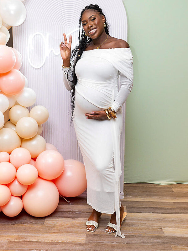 Momsmood White Mesh Irregular Ruched Draped Off Shoulder Bodycon Elegant Cocktail Party Gown Maternity Photoshoot Baby Shower Maxi Dress