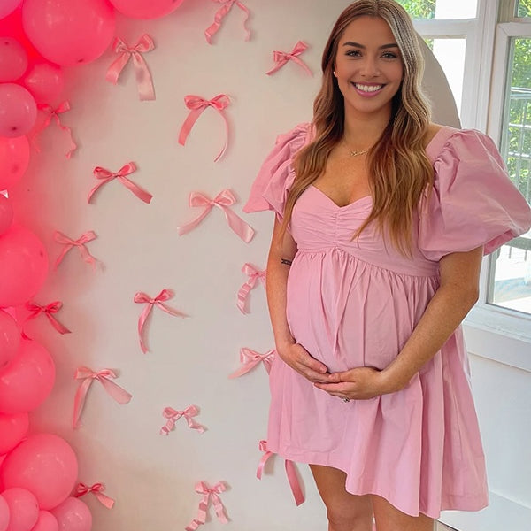Momsmood Pink U neck Ruched Puff Sleeve Banquet Party Baby Shower Maternity Photoshoot Mini Dress
