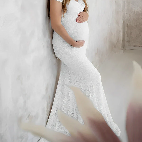 Momsmood Floral Lace Off Shoulder Mermaid PhotoShoot Baby Shower Pregnant Maternity Maxi Dress
