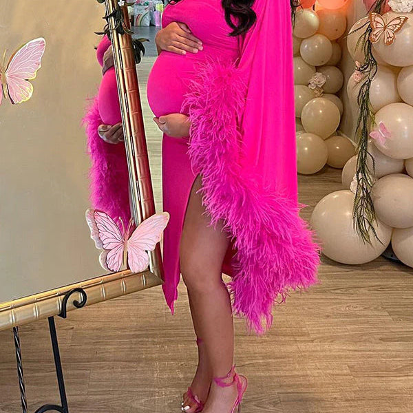 Momsmood Hot Pink One Shoulder Feather Splicing Side Slit Bodycon Evening Maternity Baby Shower Midi Dress