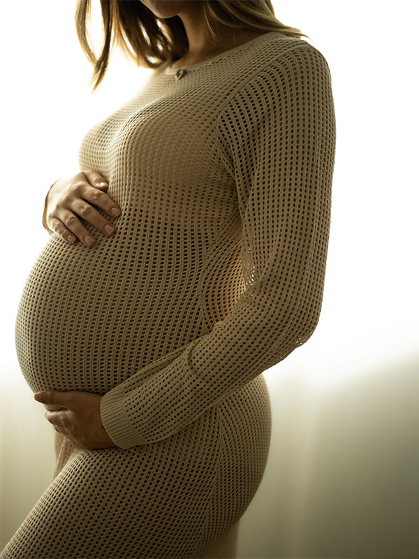 Momsmood Beige Back Tie Knit Cut Out Flare Sleeve Elegant Photoshoot Baby Shower Maternity Maxi Dress